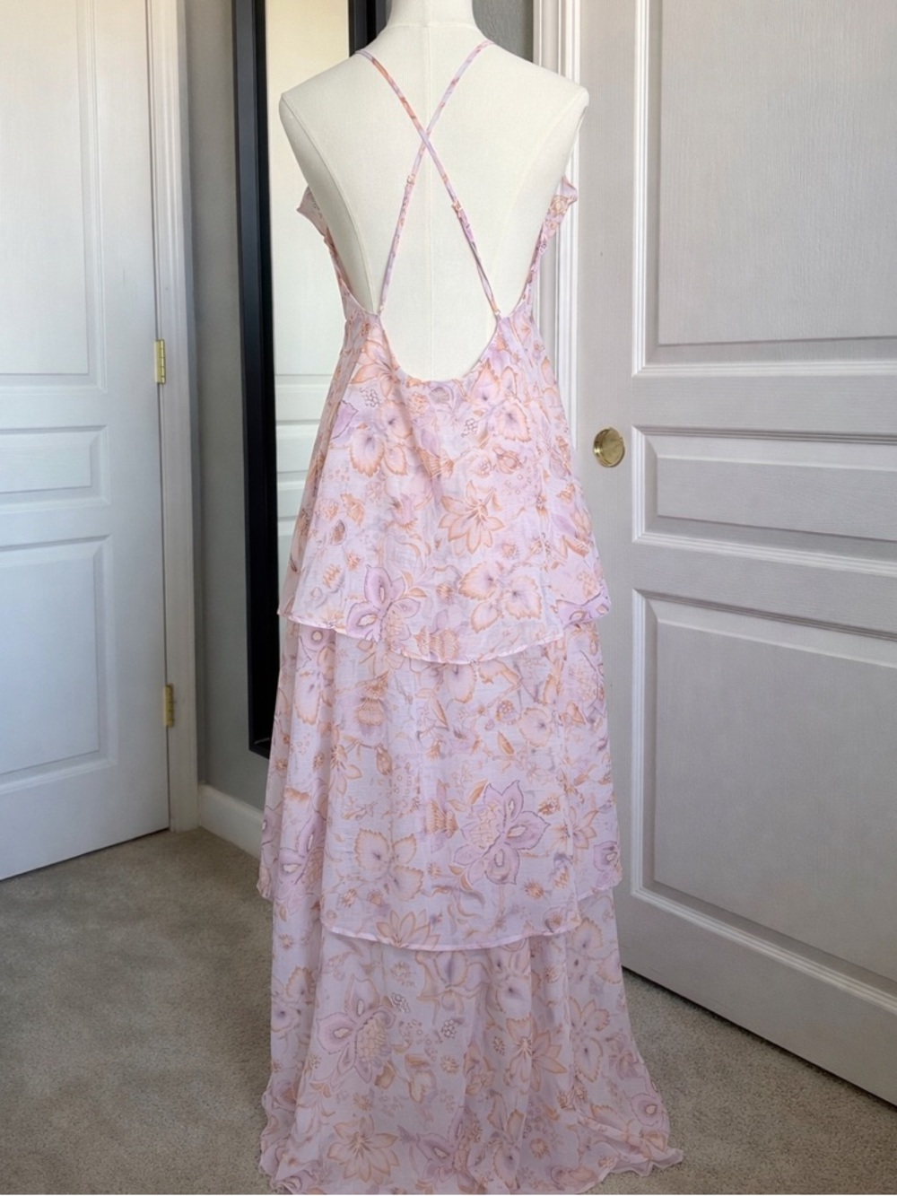 Victoria’s Secret Floral Maxi Dress M Pink Tiered Chiffon Boho Strappy - Picture 5 of 11
